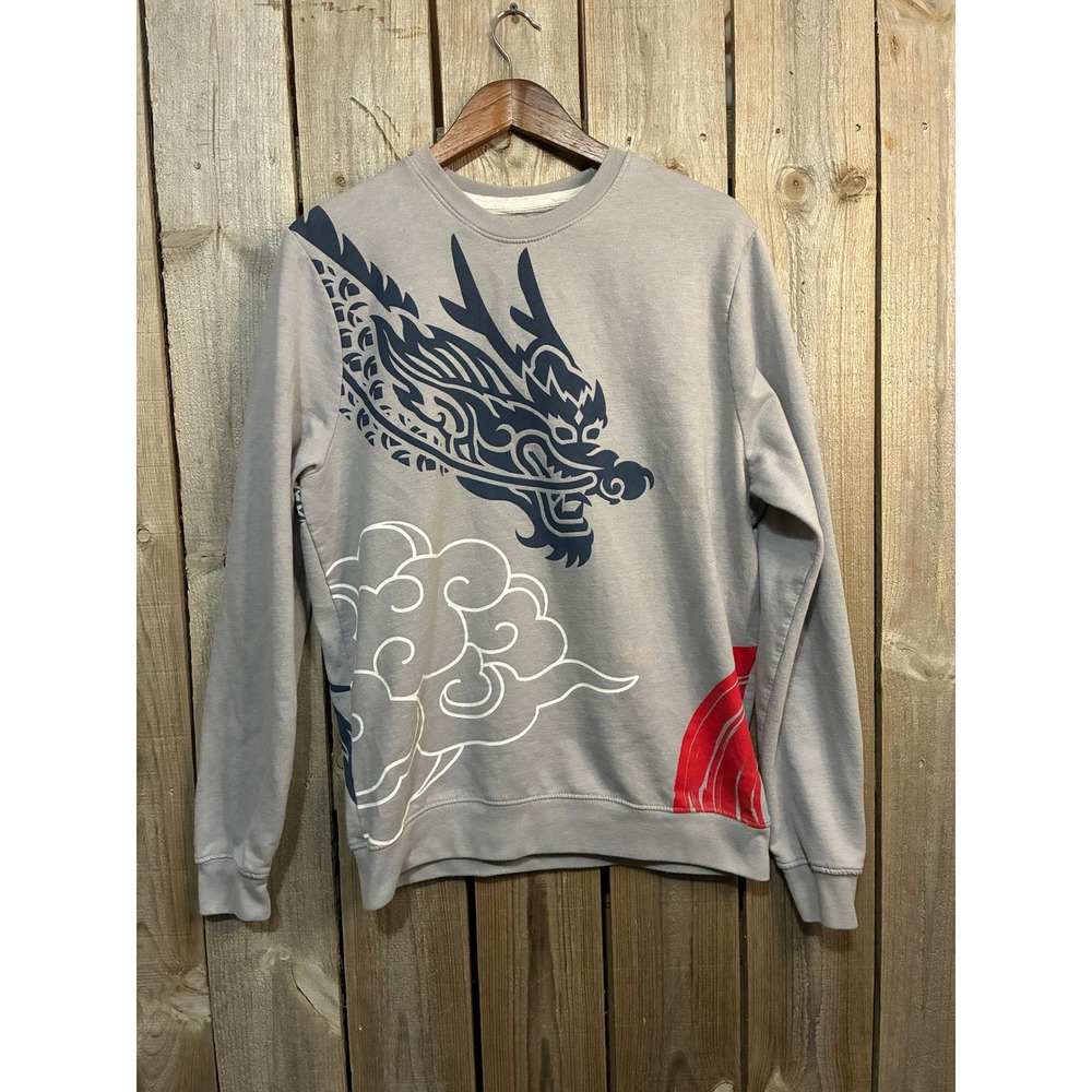 Blind Rooster Mens Gray Dragon Graphic Crewneck Sweatshirt Large Japanese Style